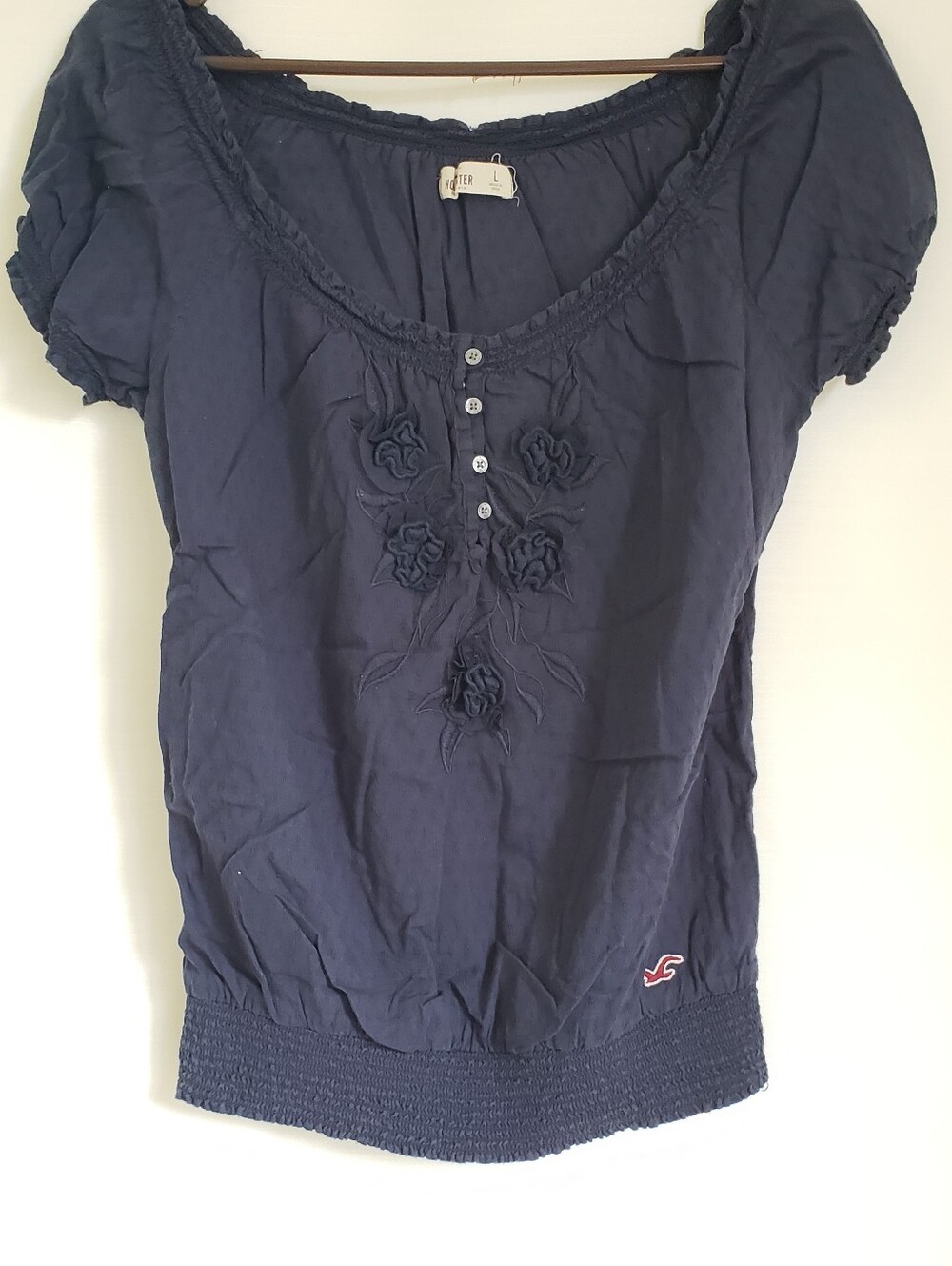 Y2K 00's Scoop Neck Poof Sleeve Hollister Navy Scoop Neck Floral-Appliqué Top Lg